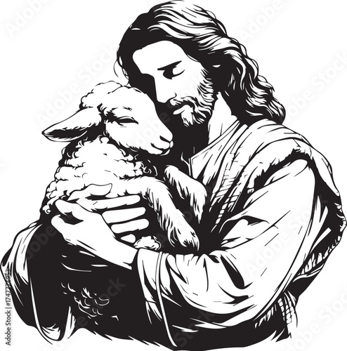 Guardian: Embrace, Jesus's gentle touch and protective embrace, cradling a lamb with profound compassion and love.