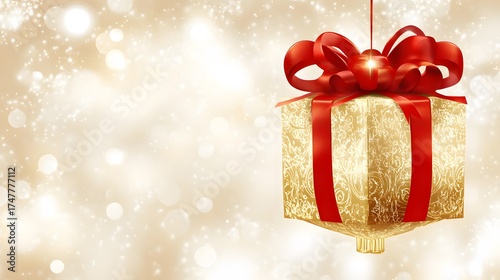 Wallpaper Mural Elegant golden gift box with red ribbon on sparkling bokeh background Torontodigital.ca
