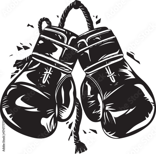Vintage Boxing Gloves: A pair of time-worn boxing gloves hang suspended by a sturdy rope, bearing the marks of countless battles, evoking a sense of history, grit.