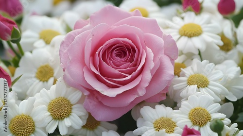 Wallpaper Mural Pink rose surrounded by white daisy flowers in a floral arrangement Torontodigital.ca