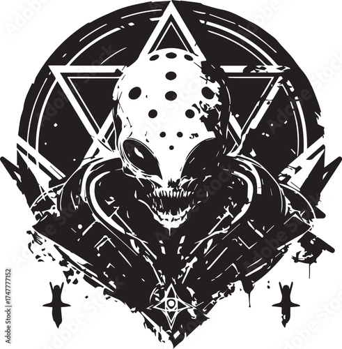 Alien Illustration: An artistic, monochromatic illustration of an alien figure with a distinctive head, set against a complex geometric background. A dark, mysterious.