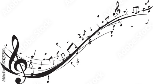 Melodic Lines in Rhythm: An elegant arrangement of musical notes and symbols flows gracefully, creating a sense of rhythm, harmony, and the beauty of music.