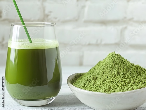 Wallpaper Mural Vibrant matcha latte drink with matcha powder for healthy lifestyle concept Torontodigital.ca