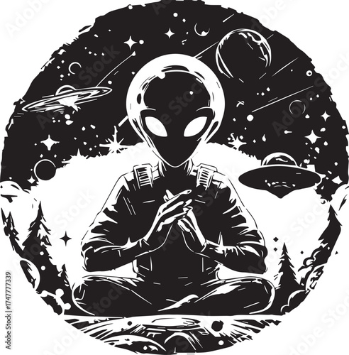 Alien Meditating in Space: An extraterrestrial figure sits in meditation, embodying cosmic mindfulness amidst a backdrop of stars, planets, and distant galaxies.