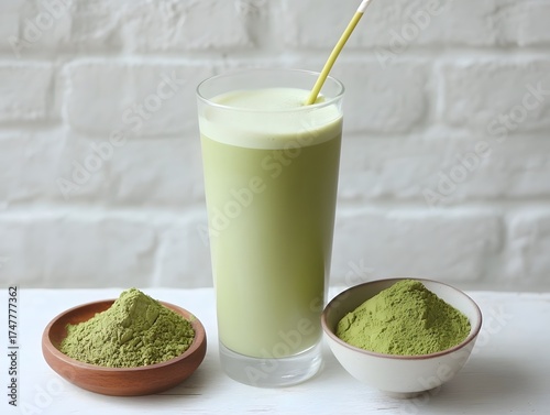 Wallpaper Mural Healthy matcha latte served with powder on a bright white background. Torontodigital.ca