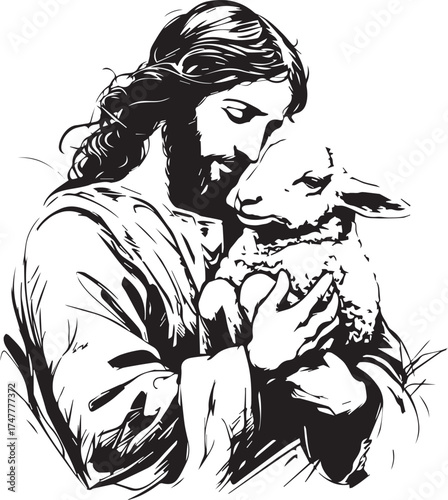Guardian Shepherd: A compassionate figure tenderly cradles a delicate lamb, embodying themes of peace, protection, and devoted care.