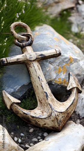 Wallpaper Mural Rusty vintage anchor leaning against a rock surrounded by green plants outdoors. Torontodigital.ca