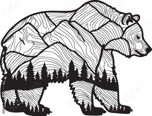 Stylized Bear Silhouette with Landscape: A meticulously crafted black and white illustration depicts a bear silhouette, its form elegantly incorporating a serene mountain landscape and forest.