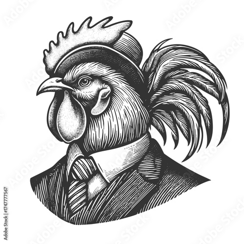 rooster dressed in a formal suit, tie, and hat, blending animal portraiture with humorous anthropomorphic style sketch engraving generative ai vector illustration. Scratch board. Black and white image