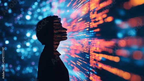 Silhouette of a person looking at a digital data stream, representing artificial intelligence and big data concepts.