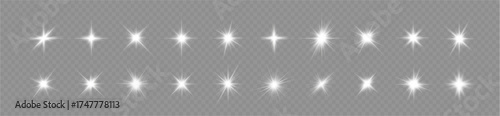 Collection of white sparkling stars. Radiant luminous points and glowing rays create a captivating effect. Perfect for magical, festive, or abstract star designs. Elegant star elements enhance style a