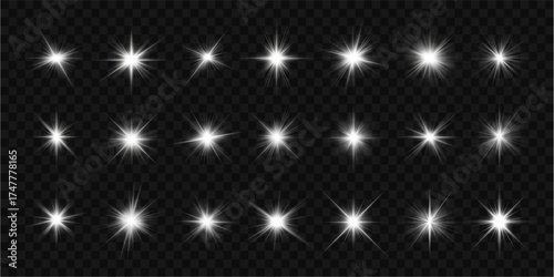 EN:
Set of white luminous stars. Bright sparkling points and glowing effects create a dreamy and elegant atmosphere. Perfect for illustration, festive projects, or abstract compositions.