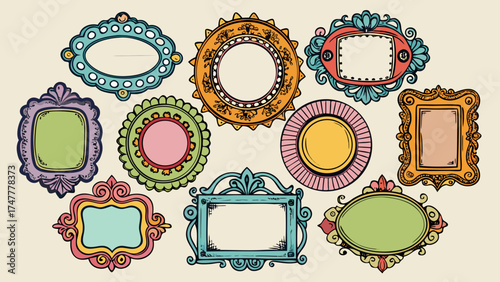Vector art of collection of ten colorful vintage frames