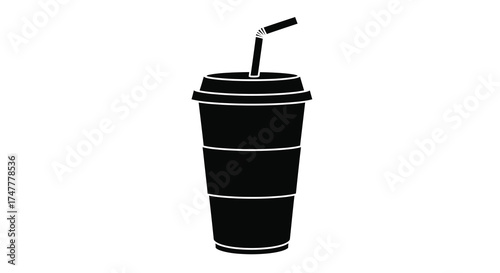 Silhouette of a tall disposable coffee cup with a straw and lid perfect for beverage and cafe branding silhouette