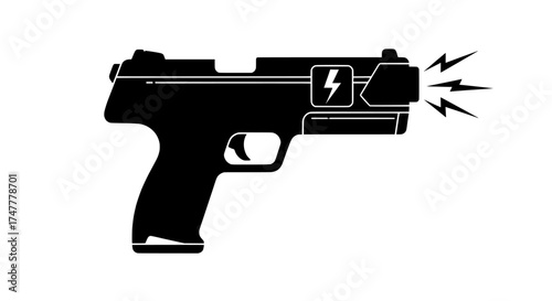Silhouette of a taser gun firing electrical sparks representing self defense and non lethal weapon technology