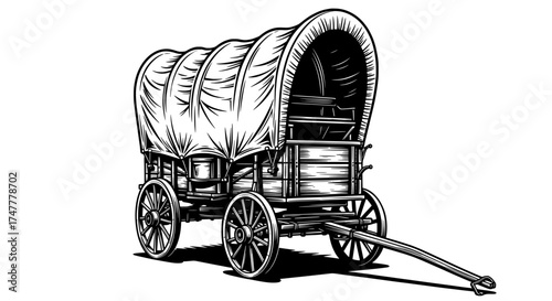 Vintage hand drawn sketch of a classic covered wagon with a canvas top and wooden wheels evoking the spirit of the american west and pioneer travel