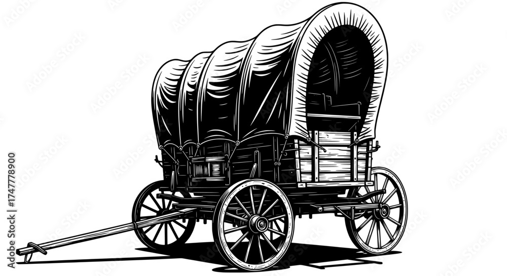 Fototapeta premium Vintage hand drawn illustration of a classic covered wagon on a white background evoking the spirit of the american west and pioneer travel