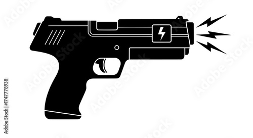 Silhouette of a black taser gun with electrical sparks emanating from the barrel symbolizing defense and security