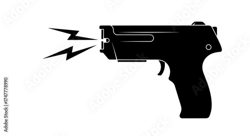 Silhouette of a black stun gun with electrical sparks emanating from the barrel symbolizing defense and security