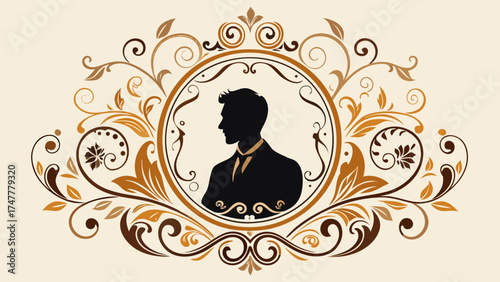 Vector art of elegant vintage frame with silhouette of man in suit isolated on white