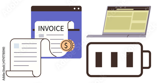Invoice document, coin, laptop with webpage, and battery icon illustrating financial tools. Ideal for accounting, e-commerce, billing, software workflow energy management online payment. Simple