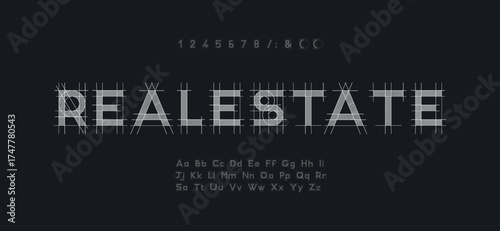 Architecture Blueprint Display Font . Technical Drafting Style Alphabet. Geometrical typography. Wireframe letters, typographic design with draft strokes for architecture logo and headline. Isolated	