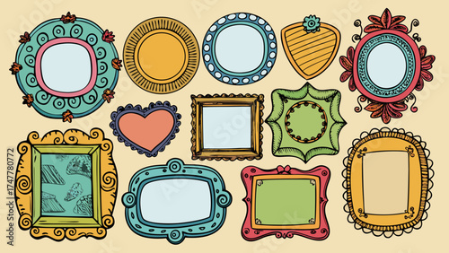 Vector art of set of hand drawn decorative frames on beige background, art and design