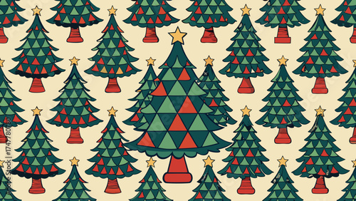 Vector art of seamless pattern of green christmas trees with one colorful tree in the middle