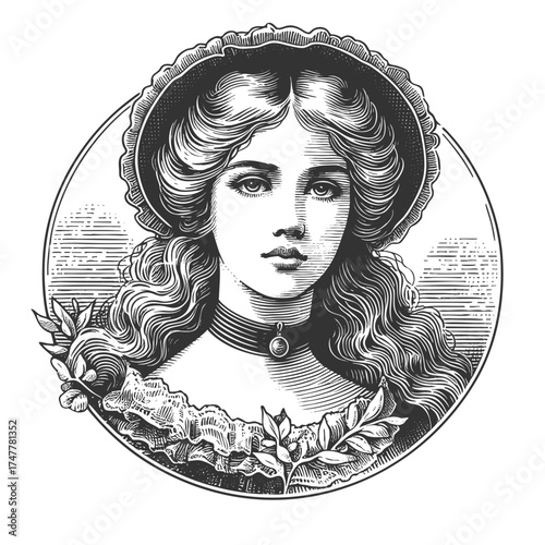 young Victorian woman with wavy hair, bonnet, and choker necklace framed in a circular border sketch engraving generative ai fictional character vector illustration. Scratch board. Black and white.