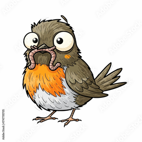 Cartoon robin, kid book illustration, isolated on white background.