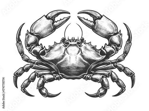 crab with sharp claws and legs, seafood, marine biology, and ocean wildlife sketch engraving generative ai vector illustration. Scratch board imitation. Black and white image.