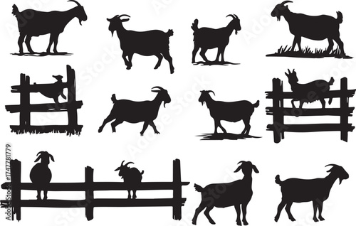 Goats silhouettes set, farm animals on fence