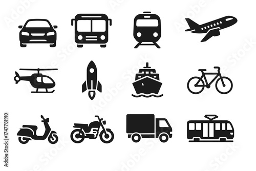 Icons of various modes of transportation: car, bus, train, airplane, bicycle