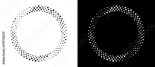 Modern abstract background. Halftone dots in circle form. Spiral logo, icon or design element. Black dots on a white background and white dots on the black side.