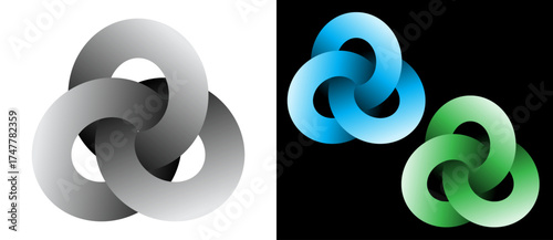 Abstract background with circles. Art lines design logo or icon with 3 parts. A grey gradient figure on a white background and an equally blue and green figures on the black side.