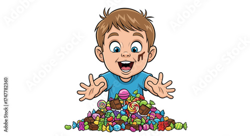 Little Boy Excitedly Reaching for a Pile of Colorful Candies and Sweets