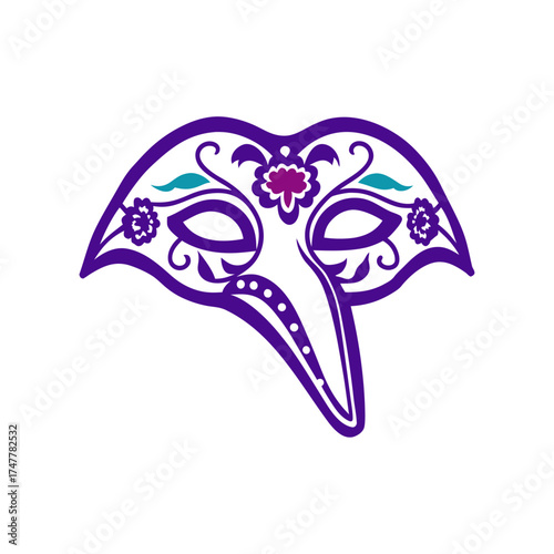 Elegant Venetian Mask Vector Illustration Fasching Mask Venetian style mask with elongated eyes a pointed nose and floral scrolls