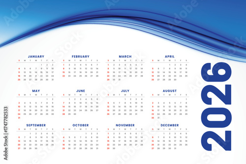 Modern and minimal 2026 calendar template with colorful wave design. Perfect for business, corporate, or personal use. Fully editable and printable layout