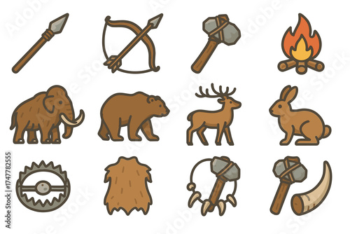 Prehistoric tools and animals: weapons, mammoth, bear, deer, rabbit illustrations