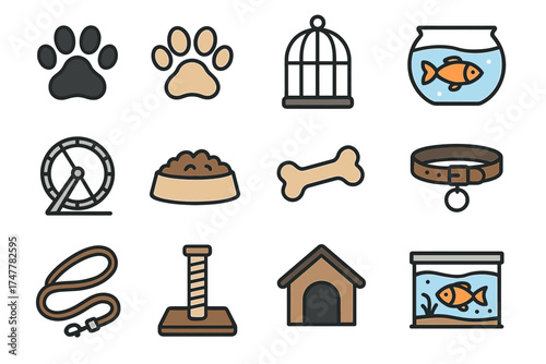 Pet care essentials: icons of supplies and accessories for various pets