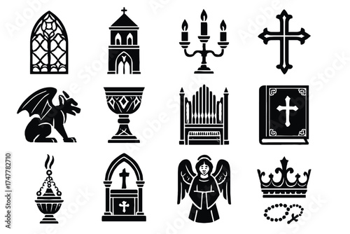 Gothic symbols set: gargoyle, angel, cross, crown, chalice, organ, book