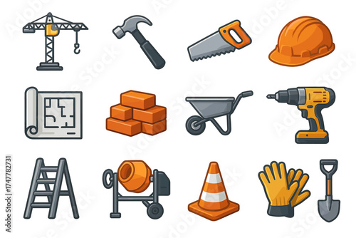 Construction tools and equipment icons: crane, hammer, hard hat, drill, and more