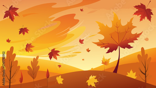 Vector art of autumn landscape with falling leaves and trees in orange and yellow tones