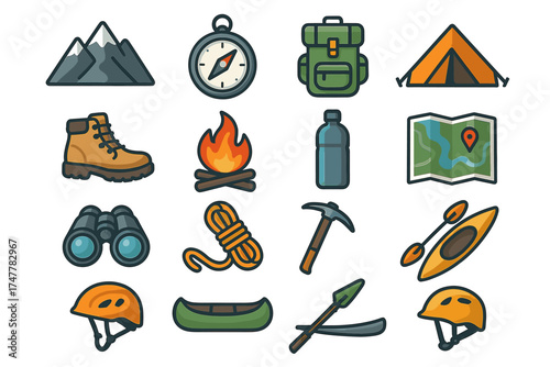 Essential hiking and camping gear icons including tent and compass