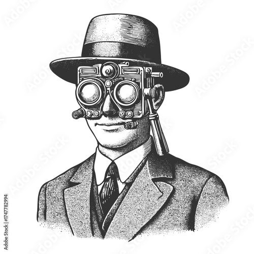 man in a suit and hat wearing complex mechanical goggles, blending retro and steampunk aesthetics sketch engraving generative ai fictional character vector illustration. Scratch board. Black and white