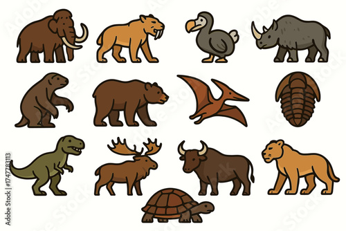 Extinct animals illustration: dinosaurs, mammoth, saber-toothed tiger, dodo, pterosaur, more