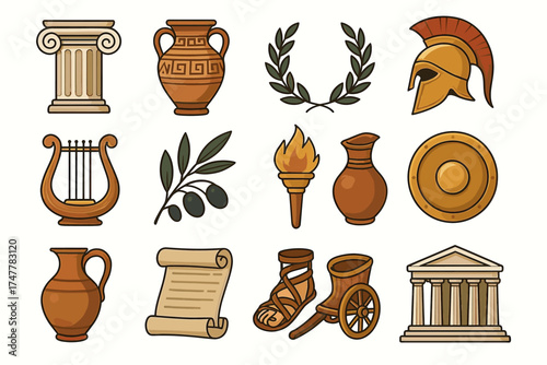 Ancient greek icons featuring helmets, amphoras, laurel wreaths, and columns