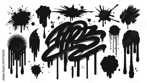 Vector art of set of black ink splatter