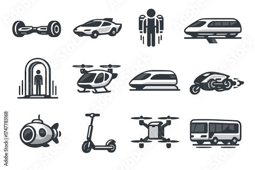Futuristic transportation icons: cars, trains, drones, buses, jetpacks, scooters