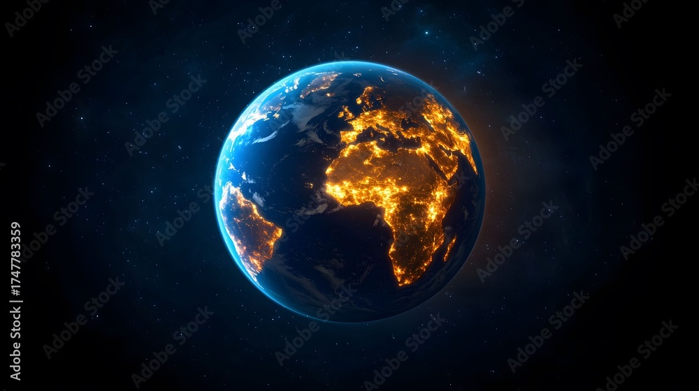 Fototapeta premium The vibrant image shows Earth from space, highlighting the illuminated areas of continents like Africa and Europe against a dark background filled with stars.